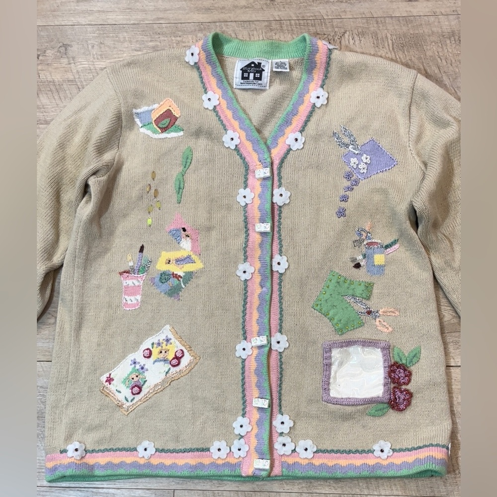 Storybook Knits Women’s Making Memories Crafters Cardigan Sweater Size Large - Picture 2 of 6